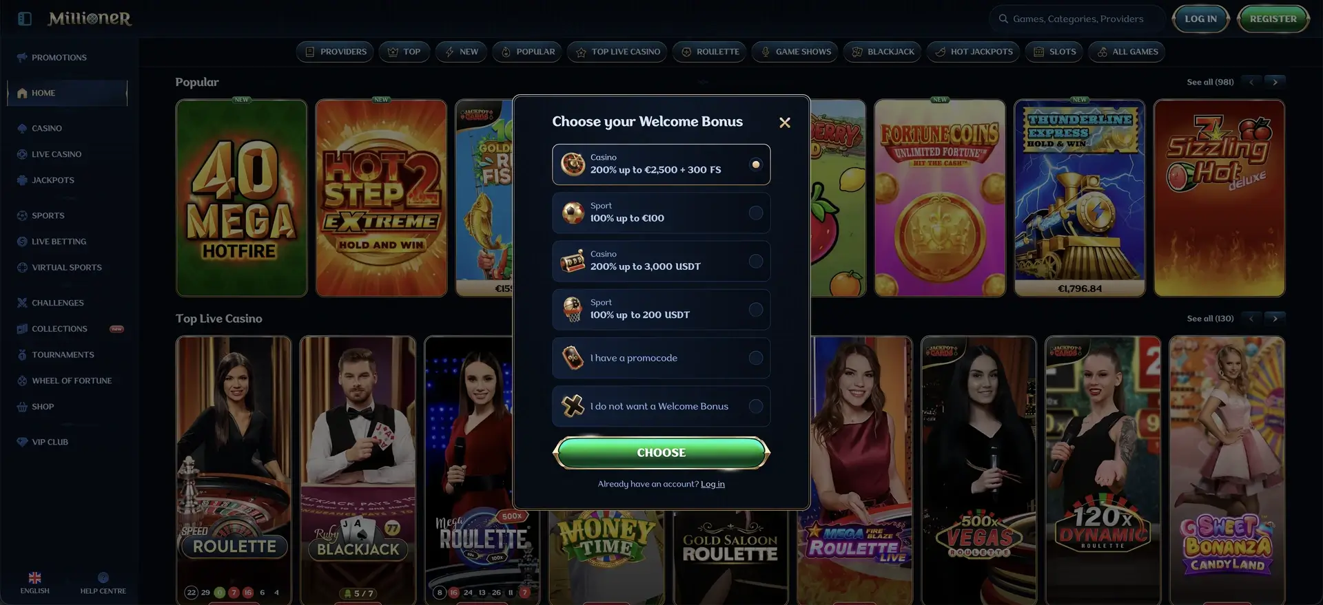 Bonus de bienvenue proposé par Millioner Casino