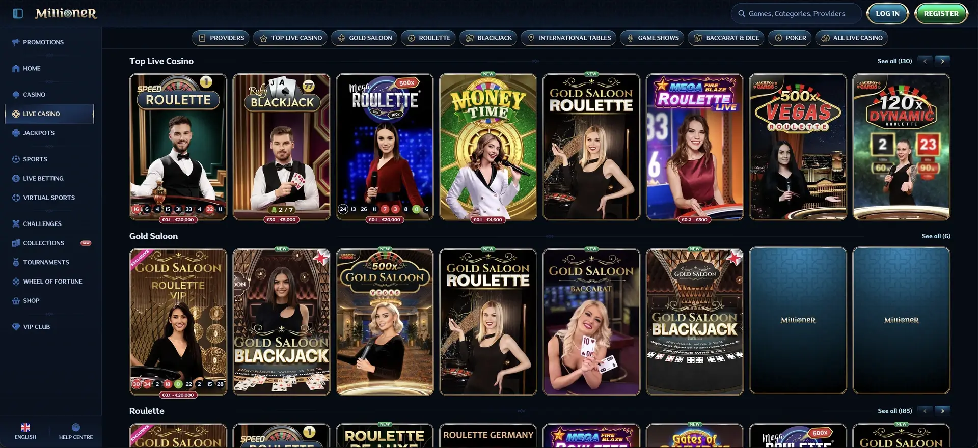 Tables et jeux du casino en direct Millioner