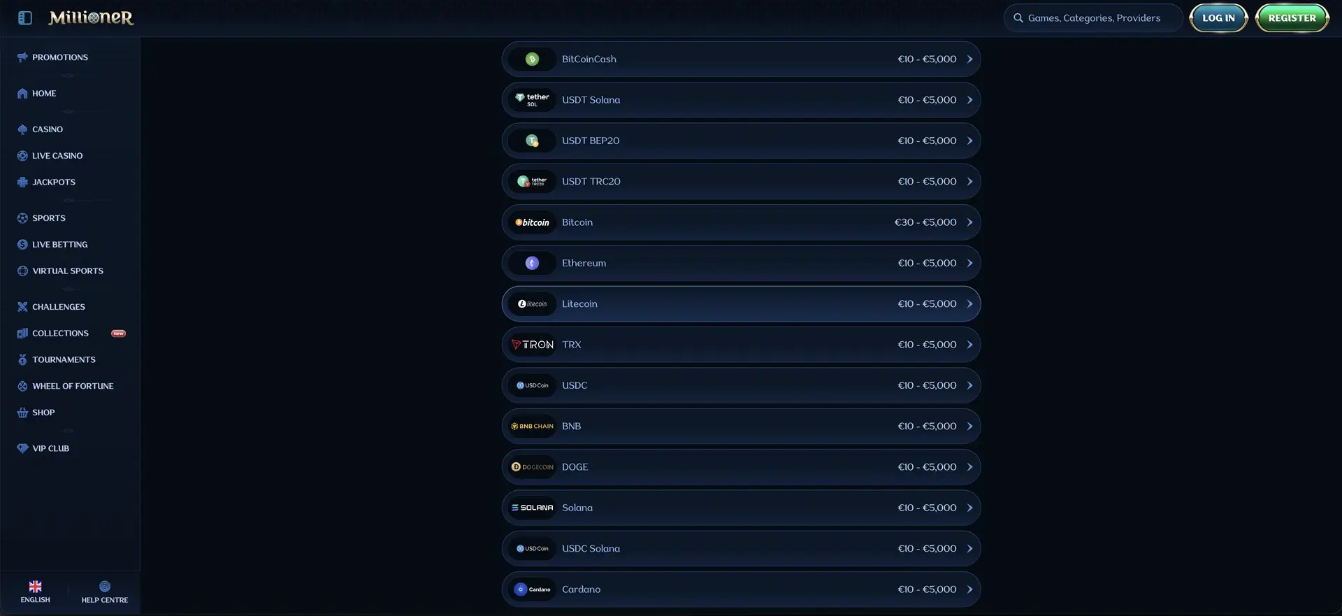Dépôts en cryptomonnaies sur Millioner Casino