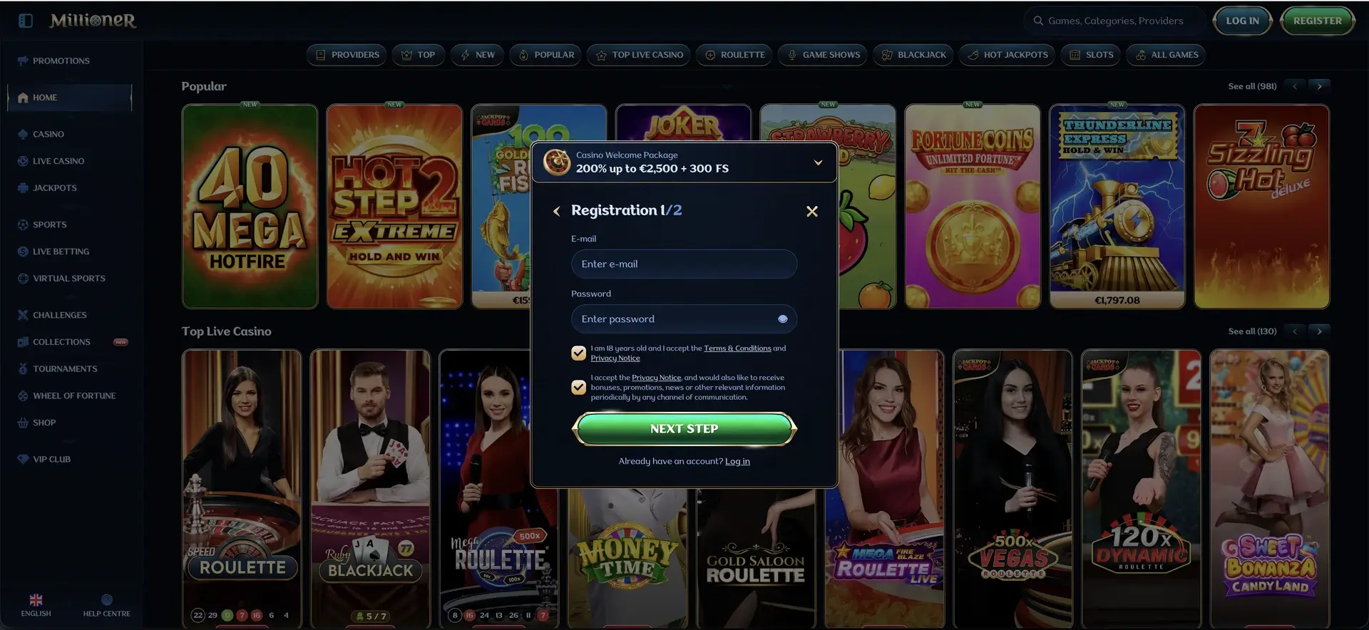Formulaire d'inscription de Millioner Casino