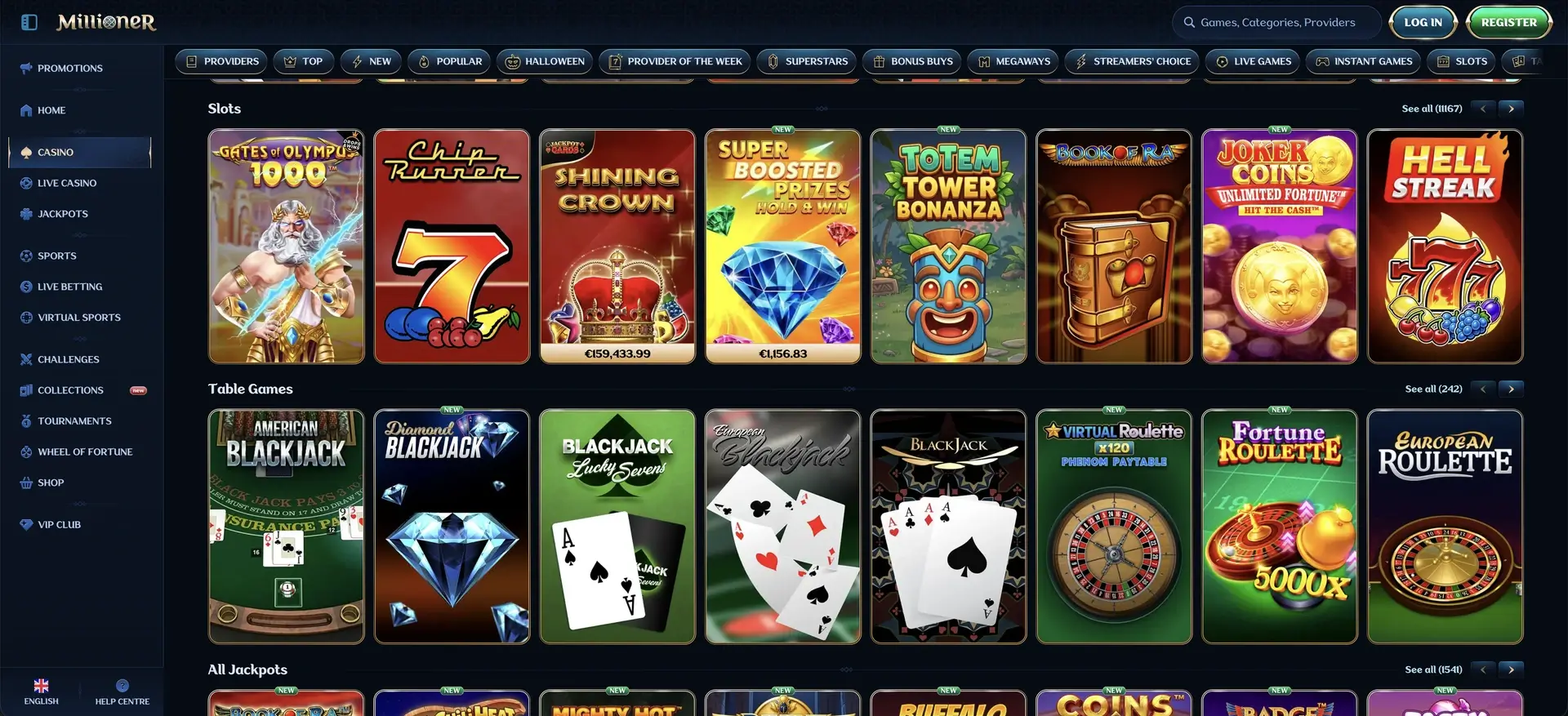 Catalogue de machines à sous de Millioner Casino