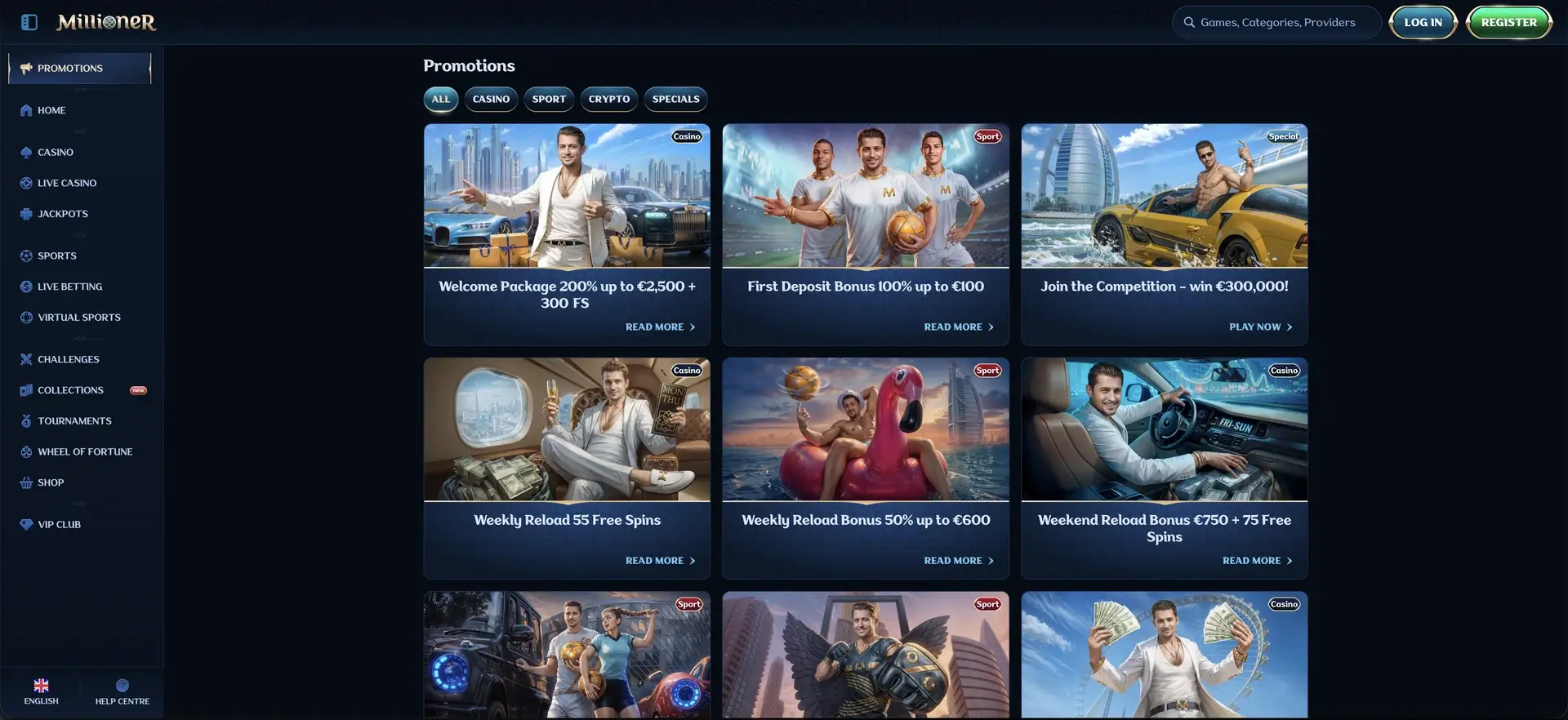 Interface des promotions de Millioner Casino