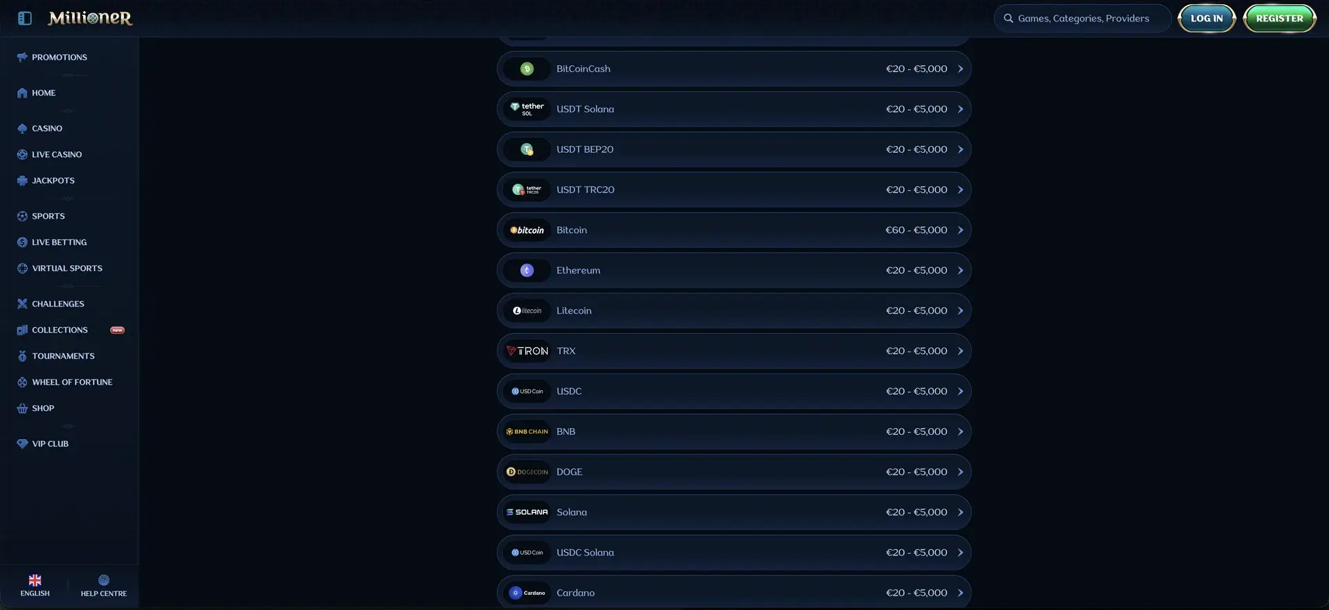 Retraits en cryptomonnaies chez Millioner Casino
